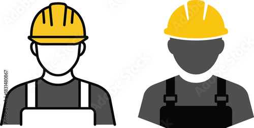 Construction worker icon, stylized labor figure with hard hat for safety, industry, workwear, and occupational design themes