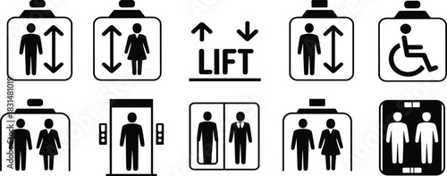 Elevator and lift icon set, stylized black symbols for accessibility, direction, public signage, and interface design themes