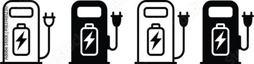 EV charging station icon set, stylized battery and plug symbols for electric mobility, sustainability, and infrastructure design themes