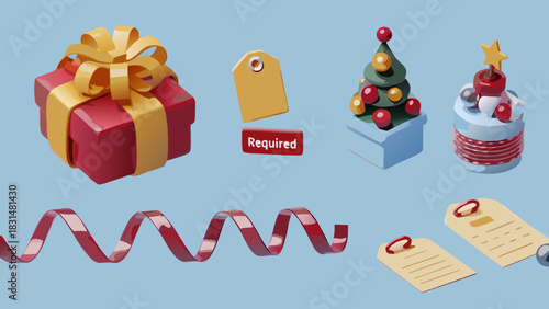 Isometric christmas scene with gift, trees, tags and ribbon on a light blue background design layout