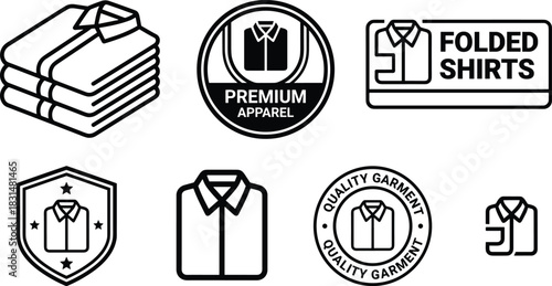 Folded shirt and garment quality icon set, stylized black symbols for fashion branding, laundry signage, and apparel design themes