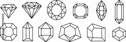 Gemstone cut outline icon set, stylized geometric faceting symbols for jewelry design, gemology, and luxury branding themes
