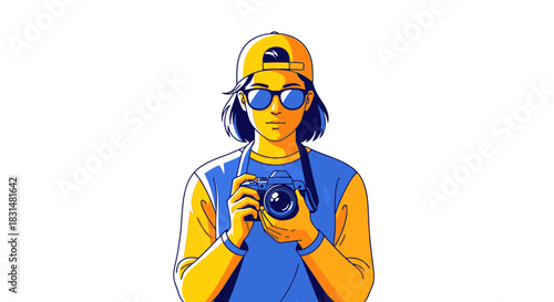 A stylish, modern illustration depicts a young individual wearing a yellow cap and blue sunglasses, confidently holding a camera, ready for adventure.