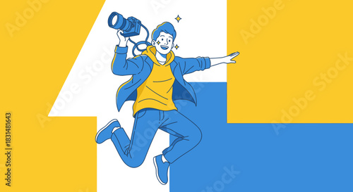 A dynamic illustration features a joyful young photographer leaping energetically with a camera, embodying creative passion against a modern, vibrant backdrop.