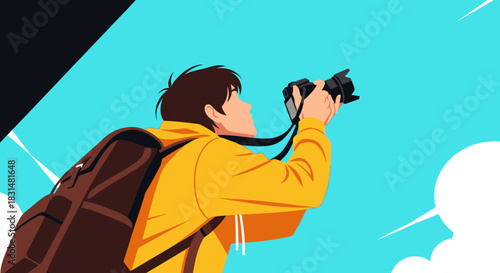 A young man with a backpack and yellow hoodie captures a moment with his camera, embodying the spirit of travel and photography against a bright blue sky.