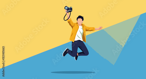 A cheerful young man, mid-air with a camera, expresses energetic passion for photography and creative pursuits against a vibrant, modern background.