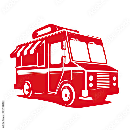 Vibrant red food truck illustration with white details, a side awning, and wheels