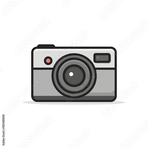 A cartoonish compact digital camera illustration with a gray body and dark lens