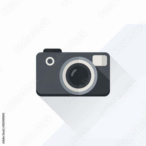 Modern flat design grey digital camera icon with a lens and stylish long shadow