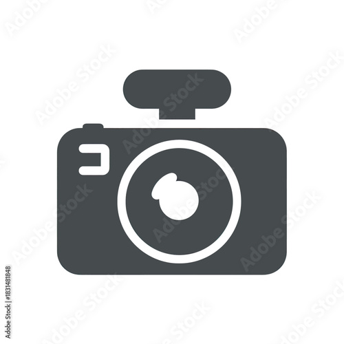 Flat dark gray camera icon with a large white lens and a flash on a white background