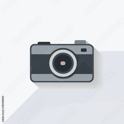A minimalist flat design illustration of a camera with a subtle long shadow on white