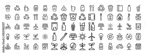 Set of 60 zero waste and ecology line icons on white background clean vector design