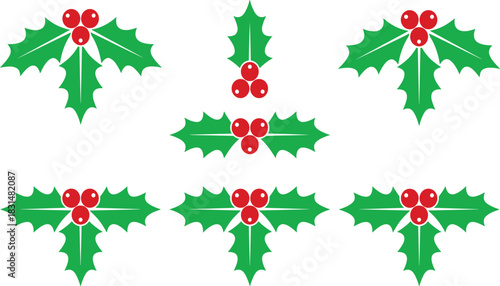 Holly leaf and berry icon set, stylized festive symbols for Christmas, winter, holiday decor, and seasonal design themes