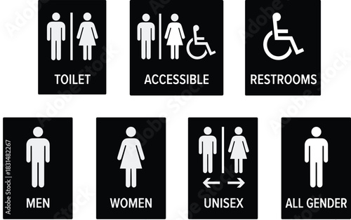 Inclusive restroom signage icon set, stylized black symbols for gender-neutral, accessible, and public facility design themes