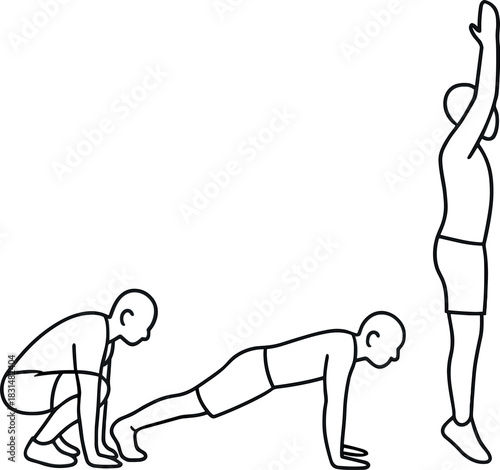 Line art figures demonstrate burpee exercise progression from squat to plank to standing High-intensity burpee