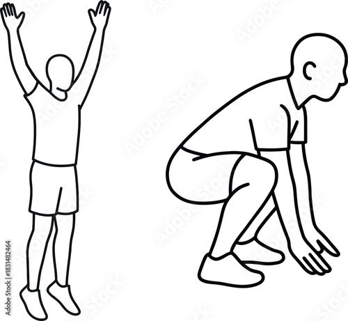 Line art of a person jumping with arms raised and person in squatting position High-intensity burpee