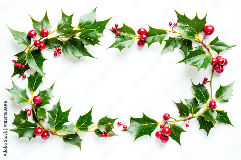 Fototapeta premium Fresh green holly leaves with bright red berries in white background