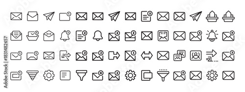 Set of 56 line icons of mail and messaging with various notification and action symbols