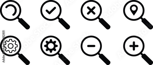 Magnifying glass icon set, stylized symbols for search, refresh, zoom, location, settings, and interface interaction themes