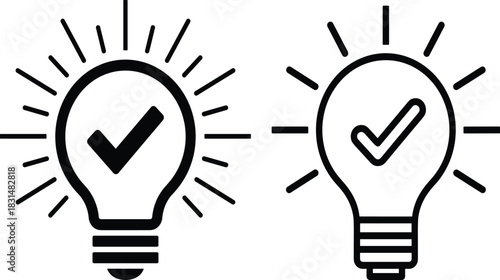 Light bulb with check mark icon, stylized symbol of approved idea, innovation, solution, and verified creative thinking design