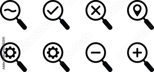 Magnifying glass icon set, stylized symbols for search, zoom, settings, location, and interface interaction design themes