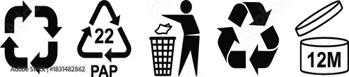 Packaging symbol icon set, stylized recycling, disposal, and shelf-life indicators for sustainability, product labeling, and compliance design