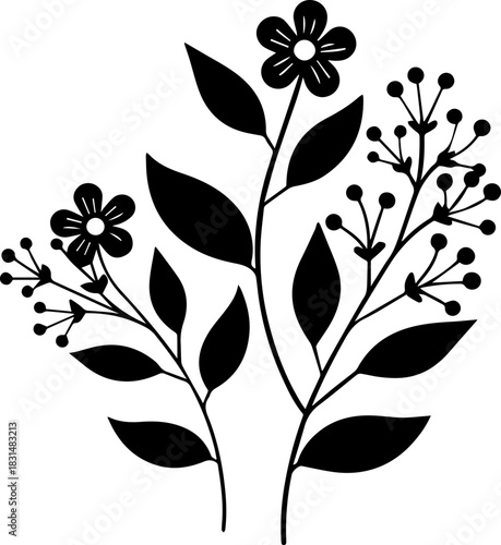 
SVG vector illustration of a decorative botanical floral set.Black and White Floral Design with Leaves and Blooms