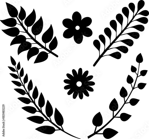 
SVG vector illustration of a decorative botanical floral set.Black and White Floral Silhouette Design Element