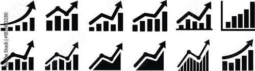 Set of black and white upward trending bar graphs and arrows for business