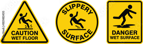 Slippery surface warning sign icon set, stylized safety symbols for wet floor, hazard alert, and workplace signage design