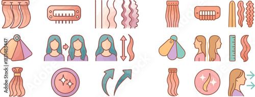 Clip-In Hair Extensions Vector Icon Set – Colorful Hairstyling Graphics