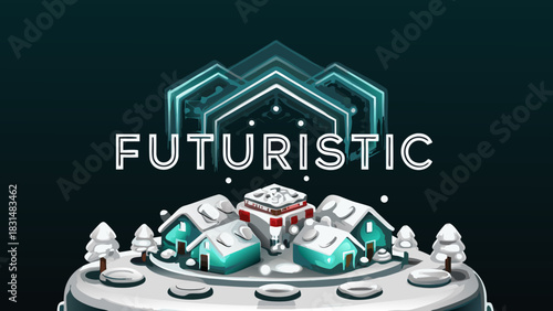 Illustration of futuristic village with snow covered houses and trees under neon geometric structures