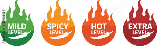 Spiciness level icon set, stylized chili and flame symbols for food packaging, menu labeling, and culinary heat design themes