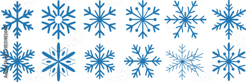 Snowflake icon set, twelve stylized blue winter symbols for seasonal, holiday, decorative, and cold weather design themes