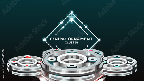 Illustration of futuristic metal rings with colorful accents arranged on a dark teal gradient background