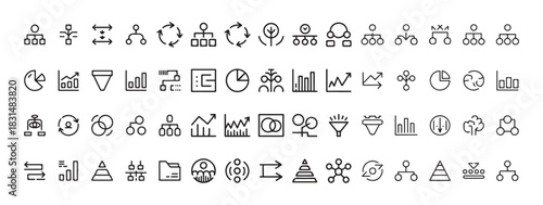 Diagrams charts and infographics line icons. Organizational hierarchy mind map and data analysis symbols