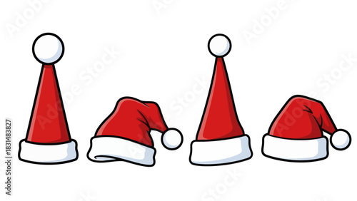 Collection of four red and white Santa hats for Christmas celebration.