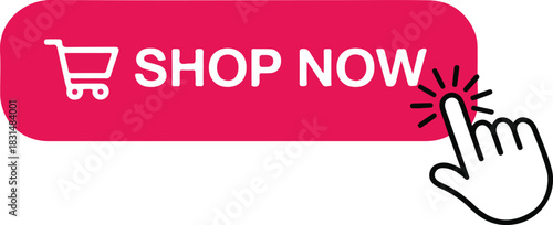 Click here to shop now with hand cursor and shopping cart on pink button isolated on for online shopping concept