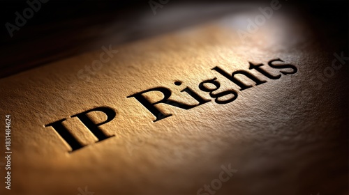 Embossed text displaying intellectual property rights on a textured surface with dramatic lighting.