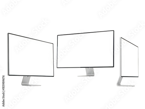 Three modern flat panel computer monitors displaying blank white screens transparent background
