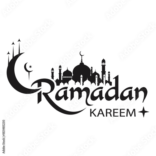 Black silhouette of mosque and crescent moon forming part of the stylized text ramadan kareem, isolated on vector illustration