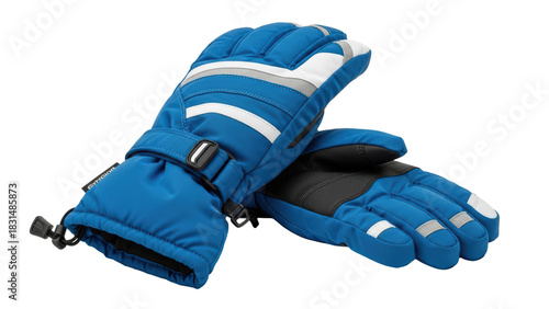 Blue ski gloves, protective winter wear with reflective strips isolated on transparent background