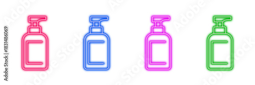 Neon glowing pump bottle vector icons set, soap dispenser, lotion, sanitizer, hygiene, skincare, cosmetic, vibrant colorful digital design illustration.
