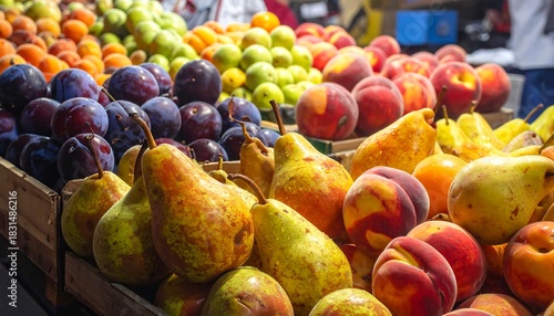 Fototapeta Naklejka Na Ścianę i Meble -  Abundance of Fresh Fruits at a Vibrant Market Stall.