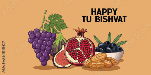 Happy Tu B'Shvat Holiday Greeting with Fruits and Grapes