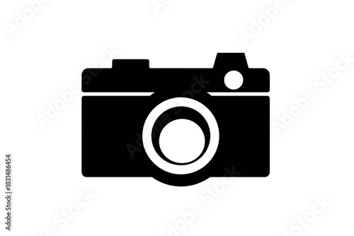Minimalist black camera icon on a clean white background, digital photography symbol