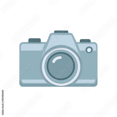 Flat illustration of a light blue camera with a prominent lens on a white background