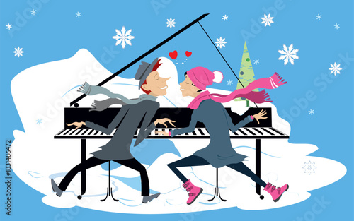 Winter concert. Man and woman play piano by four hands