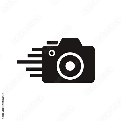 Monochrome black camera icon with speed lines on a white background, suggesting quick capture