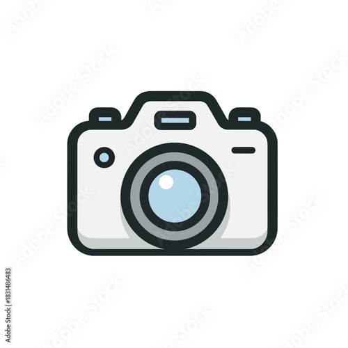 A simple, modern camera icon with a light grey body, dark outline, and blue lens